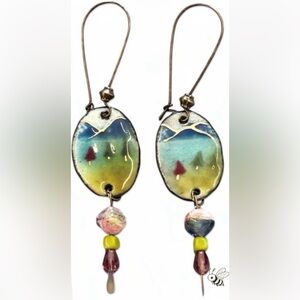 Artisan Hand-Painted Enamel Earrings • Bronze Abstract Boho Statement Jewelry